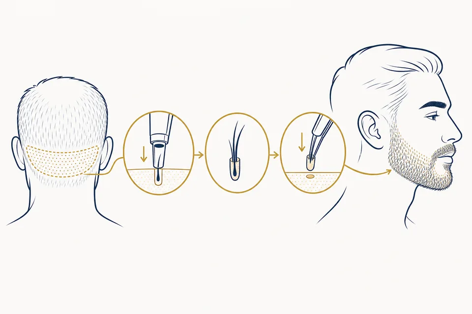 FUE graft transfer from donor area to beard