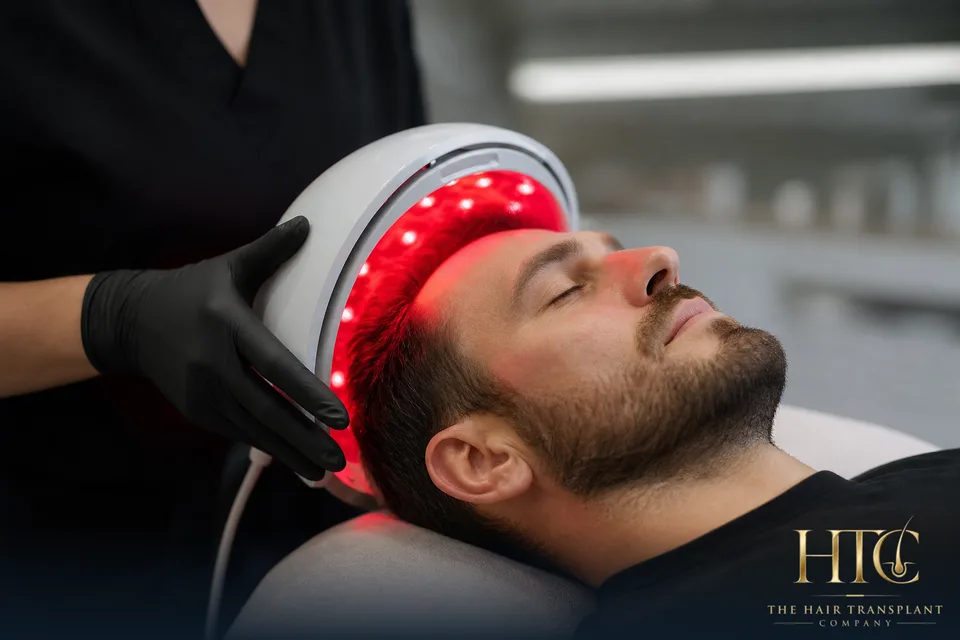 Medical-grade LLLT device positioned over the scalp during Bio Light therapy