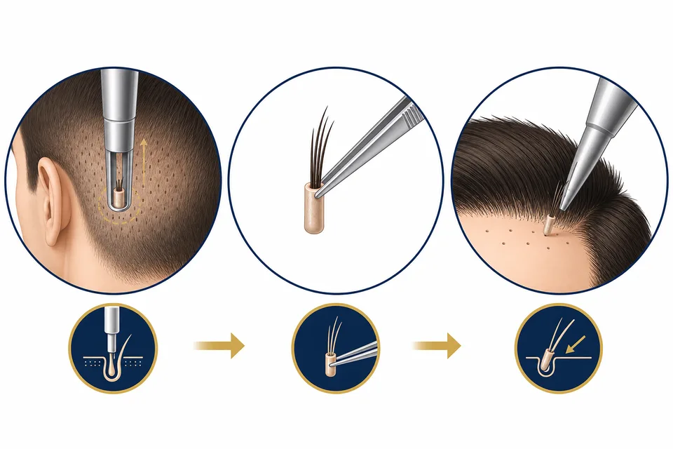 FUE steps — extract follicular unit and implant at natural angle