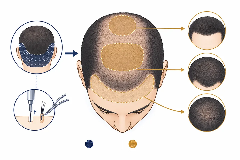 FUE donor and recipient zones — hairline, mid-scalp, and crown