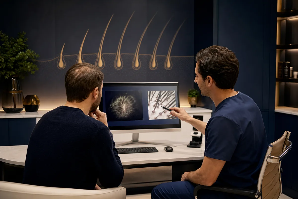 Clinical consultation setting — medical hair loss treatments at HTC