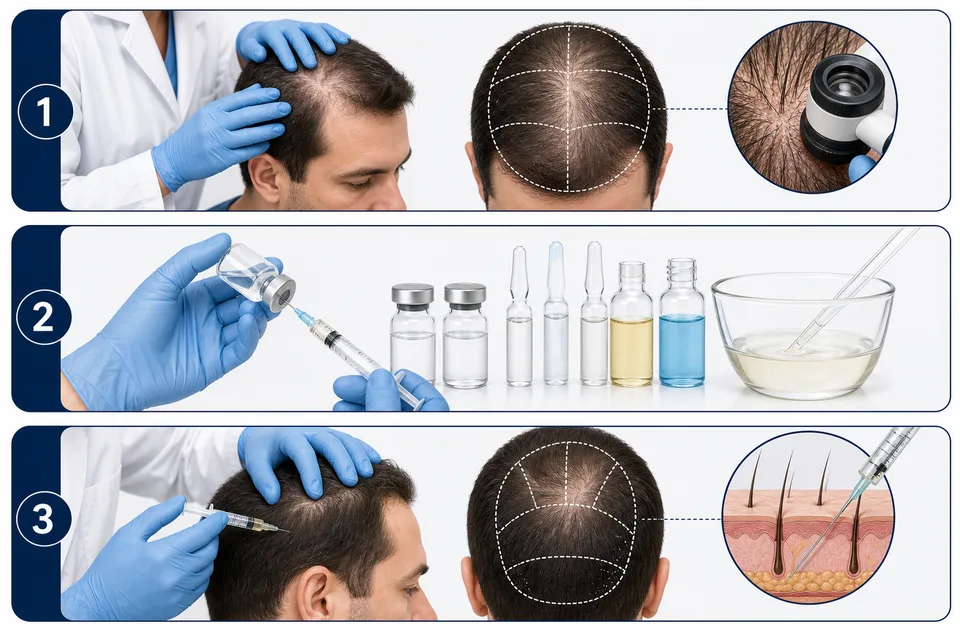 Mesotherapy process — assessment, solution preparation, and planned scalp microinjections