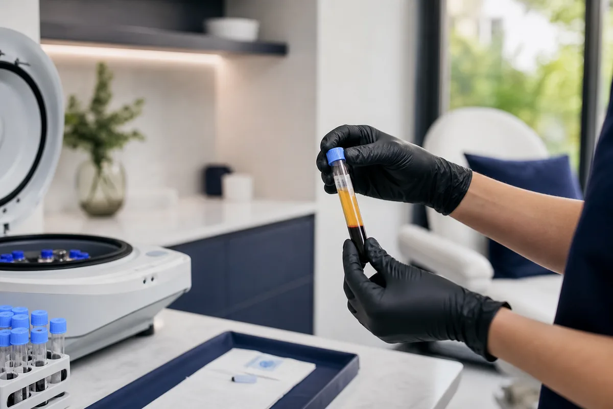 Clinical PRP preparation — in-clinic hair treatment at HTC