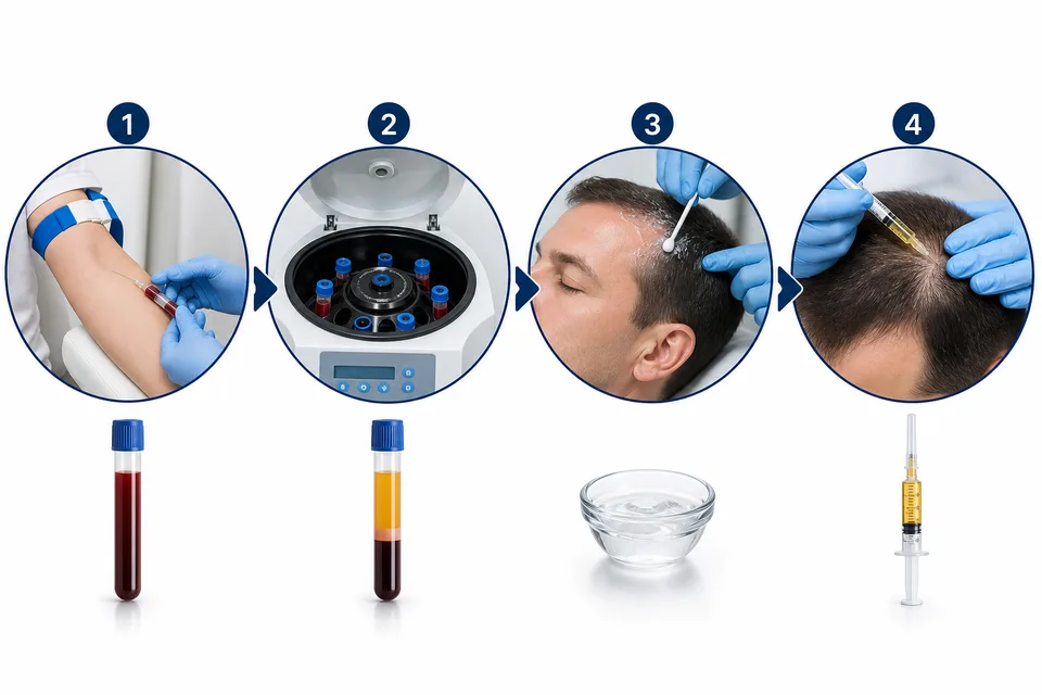 PRP procedure steps — blood draw, centrifuge processing, and scalp injections