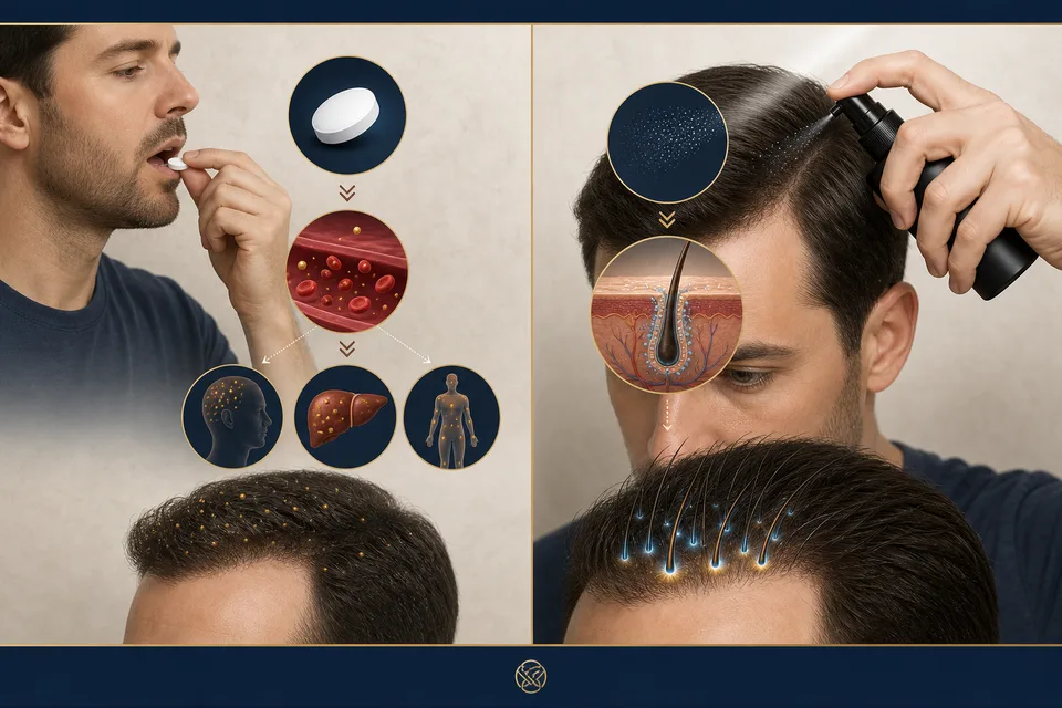 Topical versus oral finasteride — systemic exposure concept diagram