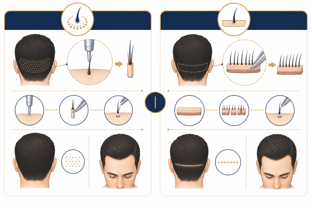FUE versus FUT harvesting comparison diagram