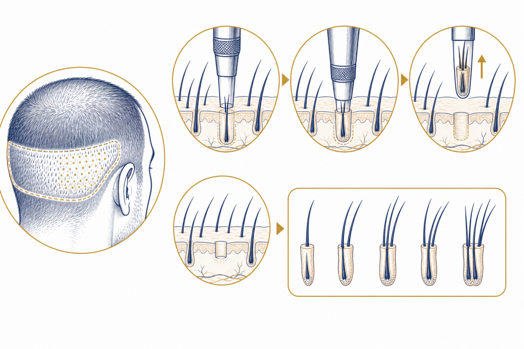 Illustration of FUE follicular unit extraction